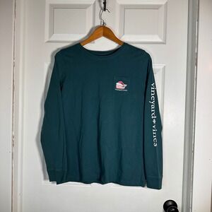 Vineyard Vines Medium Green Christmas Santa Whale Long Sleeve Pocket T-Shirt